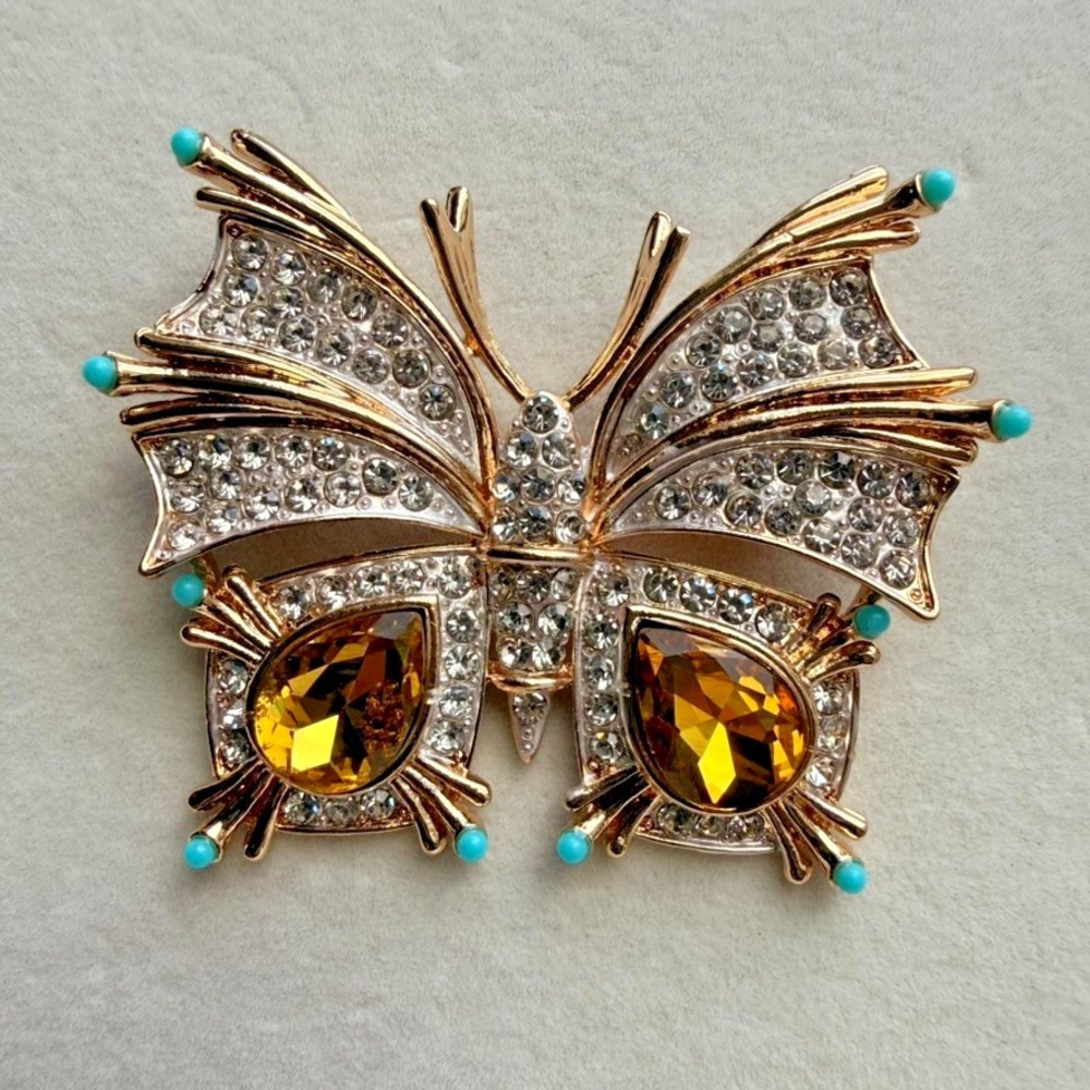 Butterfly Brooch Pendant Amber Rhinestone Blue Accent Gold Tone Statement Pin